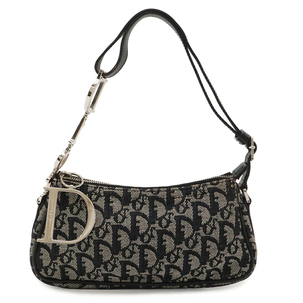 Christian Dior Trotter Shoulder Bag Hobo Canvas Leather Navy Blue